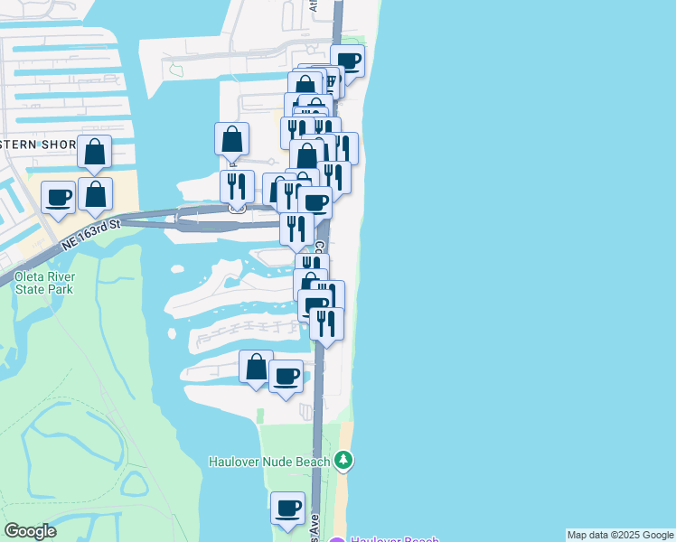 map of restaurants, bars, coffee shops, grocery stores, and more near 16421 Collins Avenue in Sunny Isles Beach