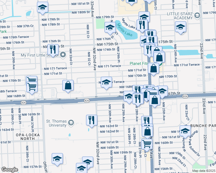map of restaurants, bars, coffee shops, grocery stores, and more near 3001 Northwest 167th Terrace in Miami Gardens