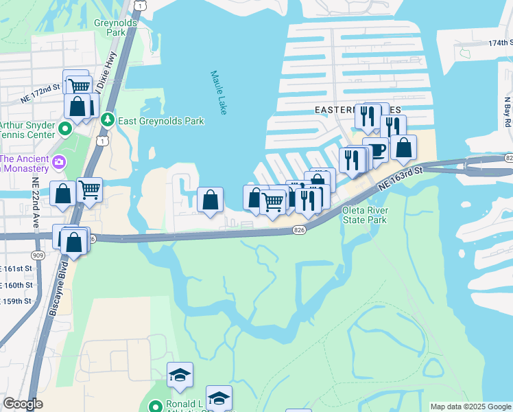 map of restaurants, bars, coffee shops, grocery stores, and more near 2910 Northeast 164th Street in North Miami Beach