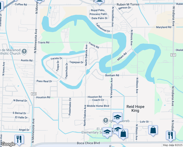 map of restaurants, bars, coffee shops, grocery stores, and more near 735-779 North Dakota Avenue in Brownsville
