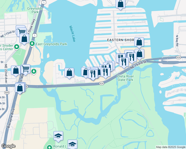 map of restaurants, bars, coffee shops, grocery stores, and more near 2960 Northeast 164th Street in North Miami Beach