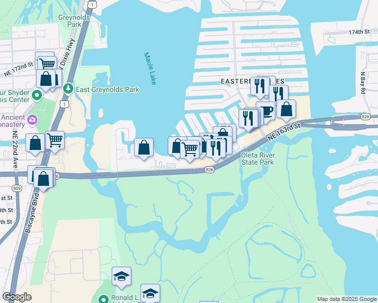 map of restaurants, bars, coffee shops, grocery stores, and more near 2910 Northeast 164th Street in North Miami Beach