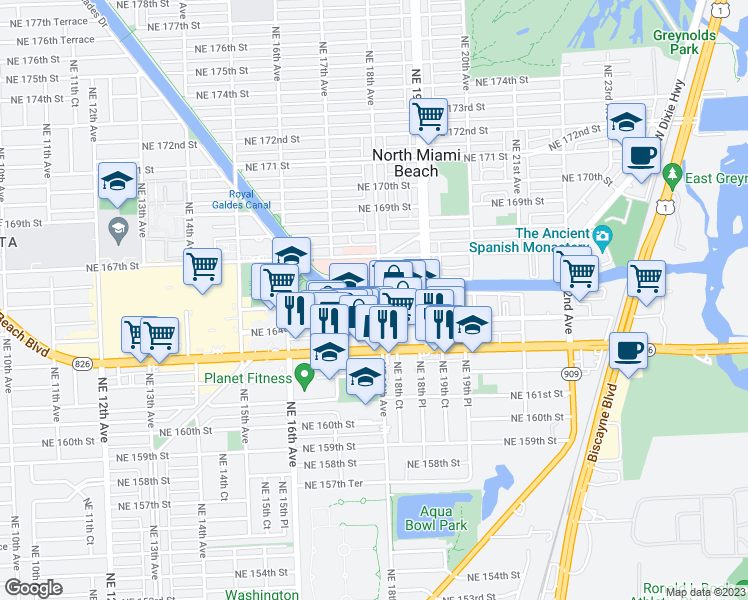 map of restaurants, bars, coffee shops, grocery stores, and more near 1780 South Glades Drive in North Miami Beach