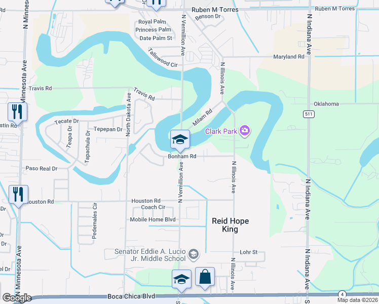 map of restaurants, bars, coffee shops, grocery stores, and more near 6921 Bonham Road in Brownsville