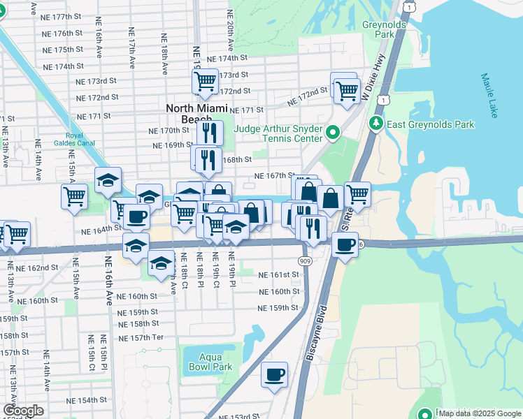 map of restaurants, bars, coffee shops, grocery stores, and more near in North Miami Beach