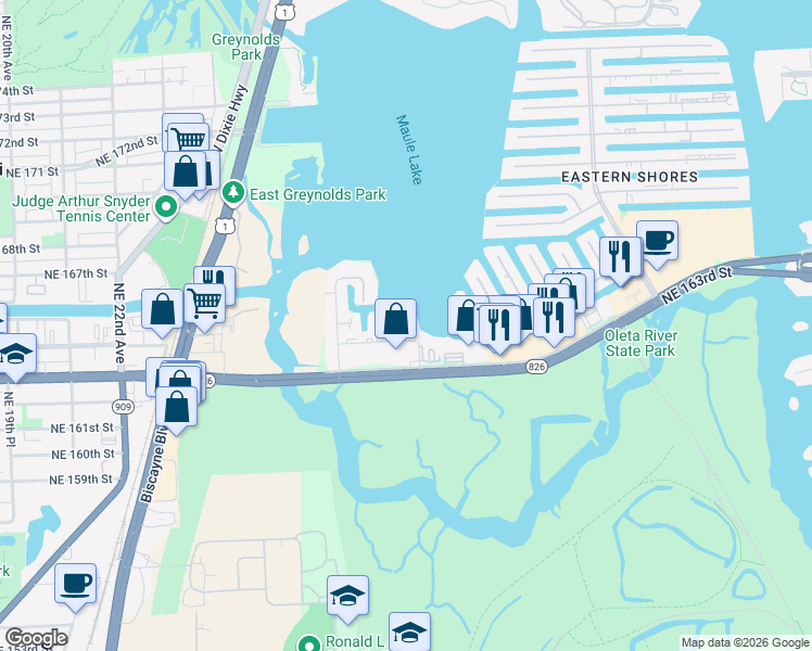 map of restaurants, bars, coffee shops, grocery stores, and more near 16422 Northeast 27th Place in North Miami Beach