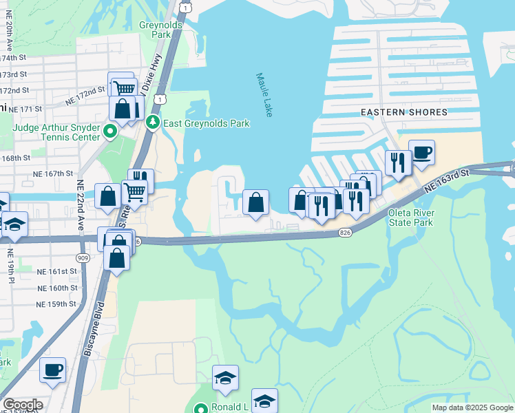 map of restaurants, bars, coffee shops, grocery stores, and more near 16422 Northeast 27th Place in North Miami Beach