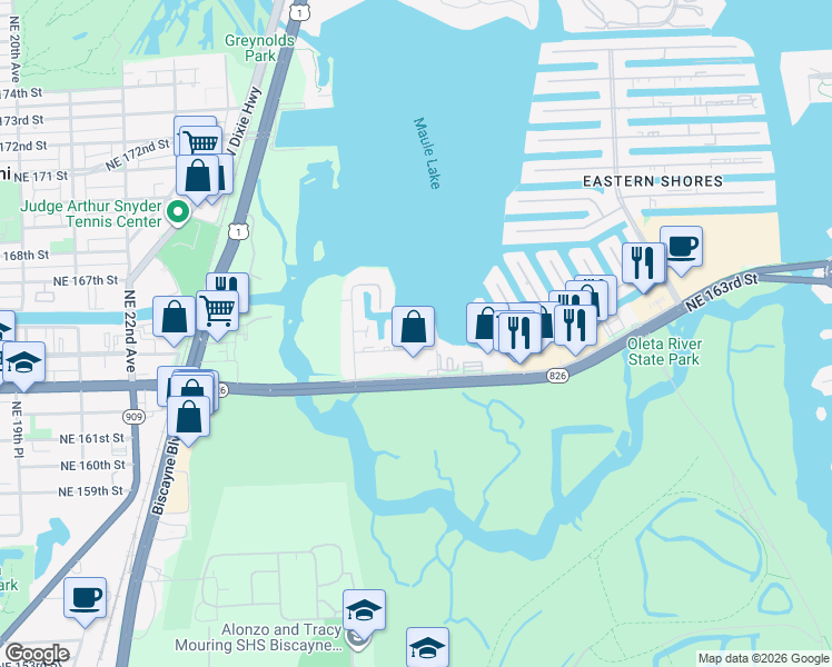 map of restaurants, bars, coffee shops, grocery stores, and more near 16422 Northeast 27th Place in North Miami Beach