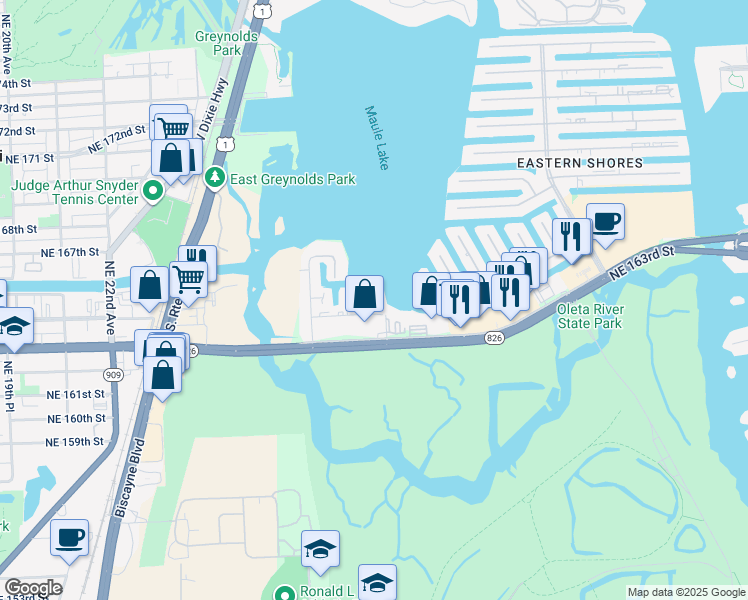 map of restaurants, bars, coffee shops, grocery stores, and more near 16422 Northeast 27th Place in North Miami Beach