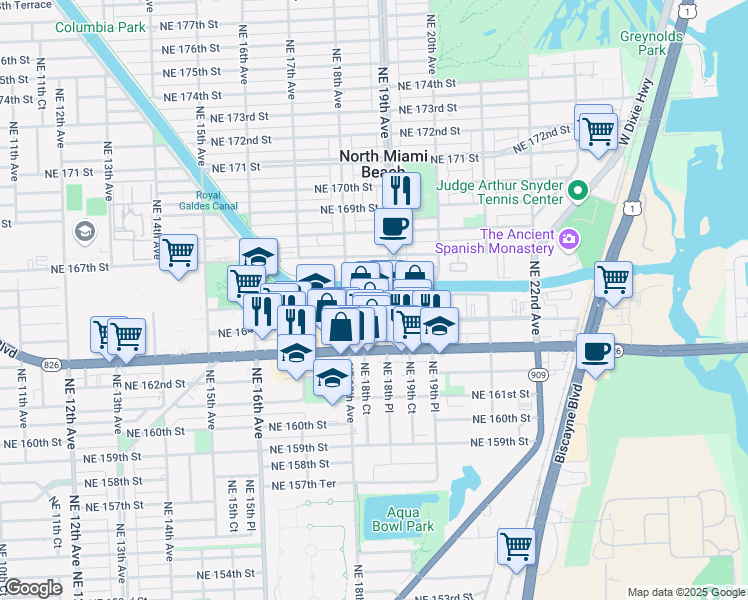 map of restaurants, bars, coffee shops, grocery stores, and more near 1860 South Glades Drive in North Miami Beach