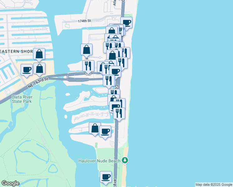 map of restaurants, bars, coffee shops, grocery stores, and more near 16300 Florida A1A in Sunny Isles Beach