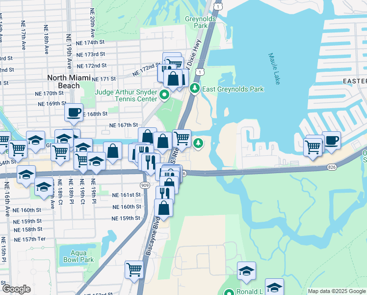 map of restaurants, bars, coffee shops, grocery stores, and more near 16355 Biscayne Boulevard in Aventura