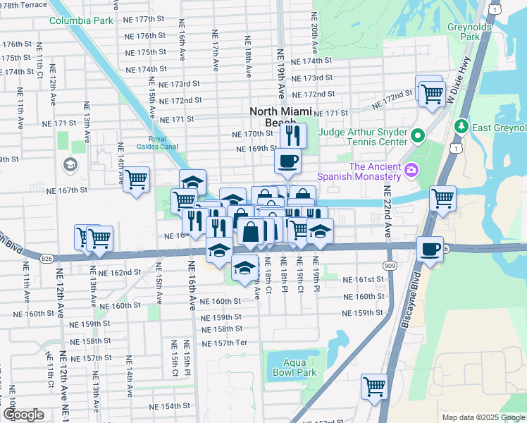 map of restaurants, bars, coffee shops, grocery stores, and more near 1835 Northeast 164th Street in North Miami Beach