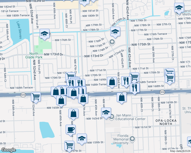 map of restaurants, bars, coffee shops, grocery stores, and more near 4455 Northwest 169th Terrace in Miami Gardens