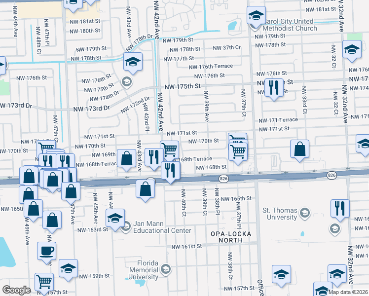map of restaurants, bars, coffee shops, grocery stores, and more near 3971 Northwest 168th Terrace in Miami Gardens