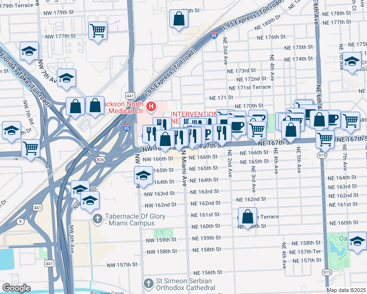 map of restaurants, bars, coffee shops, grocery stores, and more near 17900 North Miami Avenue in Miami