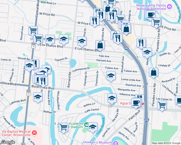 map of restaurants, bars, coffee shops, grocery stores, and more near 1355 Magnolia Court in Brownsville