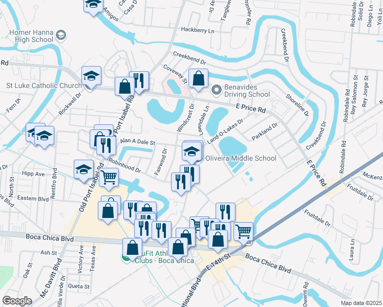 map of restaurants, bars, coffee shops, grocery stores, and more near 445 Land-O-Lakes Drive in Brownsville