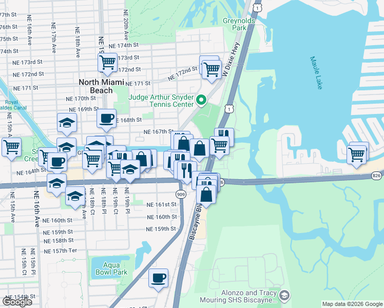 map of restaurants, bars, coffee shops, grocery stores, and more near 2231 Northeast 164th Street in North Miami Beach