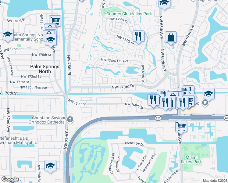 map of restaurants, bars, coffee shops, grocery stores, and more near 7255 Northwest 169th Terrace in Hialeah