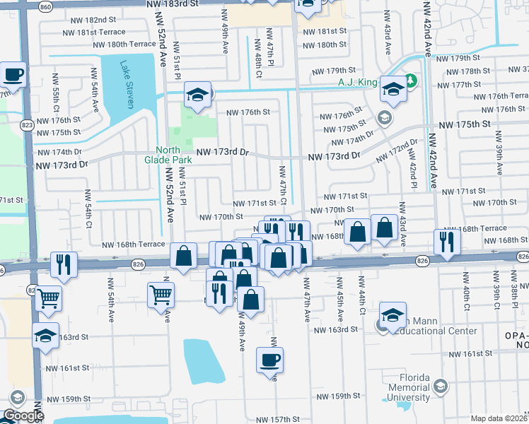 map of restaurants, bars, coffee shops, grocery stores, and more near 4765 Northwest 169th Street in Miami Gardens