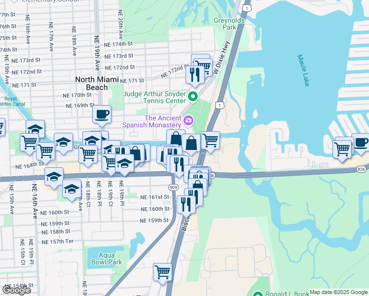 map of restaurants, bars, coffee shops, grocery stores, and more near 2231 Northeast 164th Street in North Miami Beach