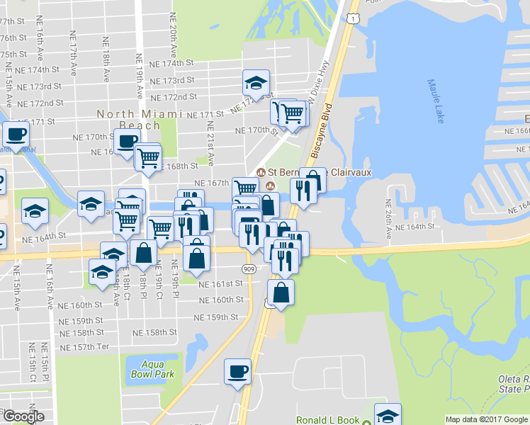 map of restaurants, bars, coffee shops, grocery stores, and more near 2231 Northeast 164th Street in North Miami Beach