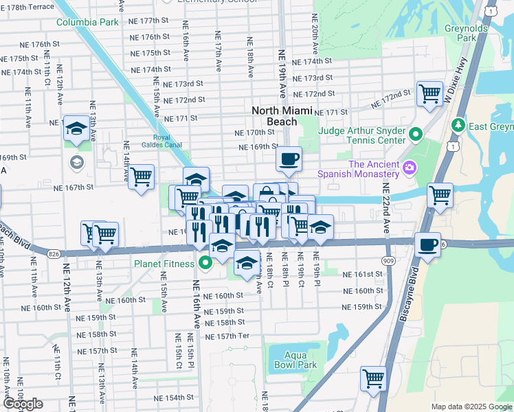map of restaurants, bars, coffee shops, grocery stores, and more near 1755 Northeast 164th Street in North Miami Beach