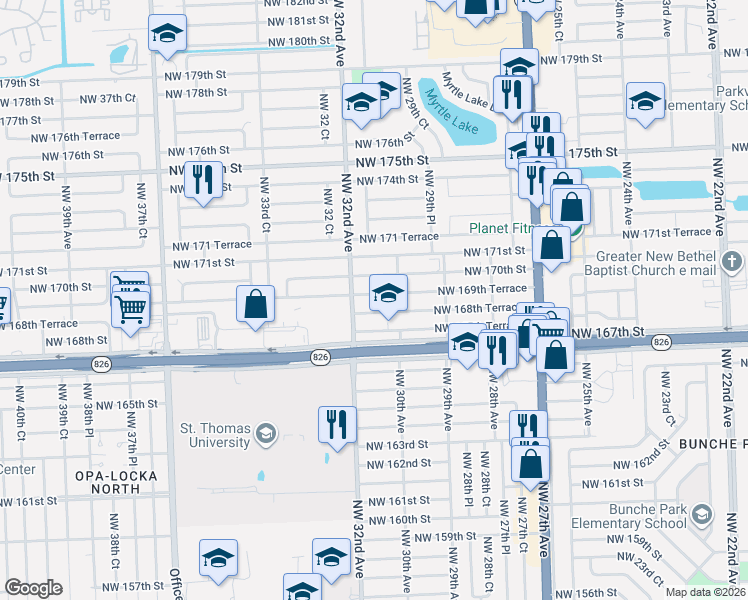 map of restaurants, bars, coffee shops, grocery stores, and more near 3001 Northwest 167th Terrace in Miami Gardens