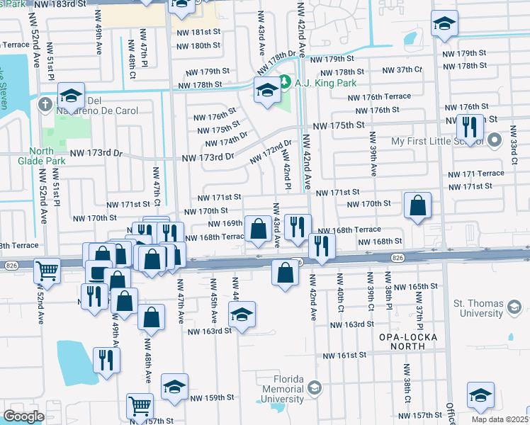map of restaurants, bars, coffee shops, grocery stores, and more near 16870 Northwest 43rd Avenue in Miami Gardens