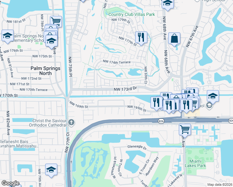 map of restaurants, bars, coffee shops, grocery stores, and more near 7255 Northwest 169th Terrace in Hialeah