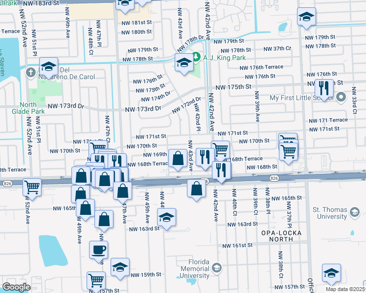map of restaurants, bars, coffee shops, grocery stores, and more near 16870 Northwest 43rd Avenue in Miami Gardens