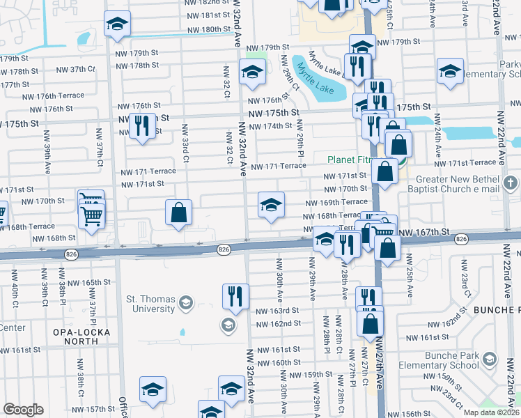 map of restaurants, bars, coffee shops, grocery stores, and more near 3001 Northwest 167th Terrace in Miami Gardens