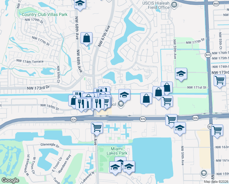 map of restaurants, bars, coffee shops, grocery stores, and more near 6436 Northwest 170th Terrace in Hialeah