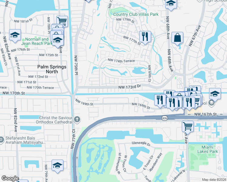 map of restaurants, bars, coffee shops, grocery stores, and more near 7255 Northwest 169th Terrace in Hialeah