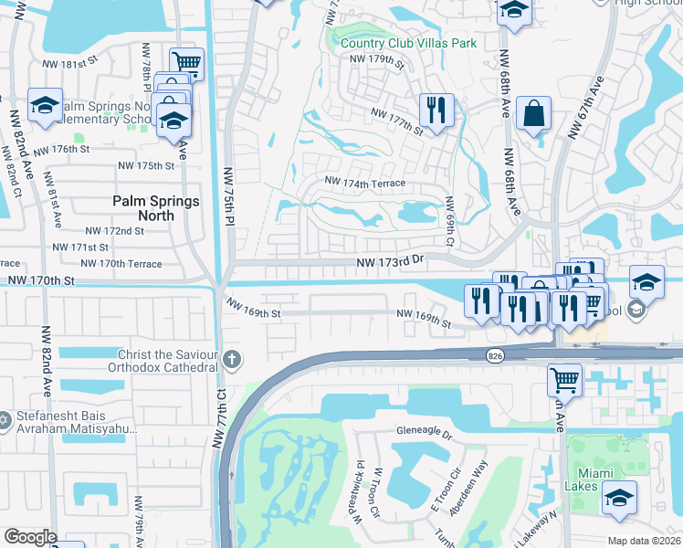 map of restaurants, bars, coffee shops, grocery stores, and more near 7255 Northwest 169th Terrace in Hialeah