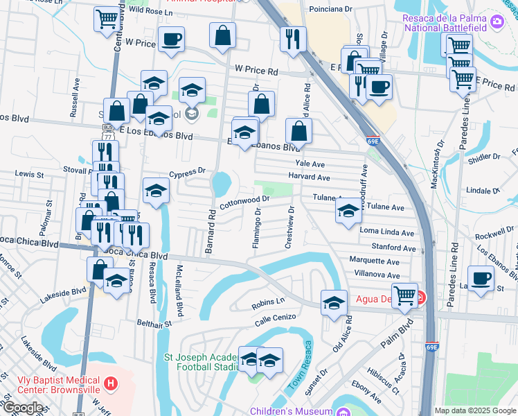 map of restaurants, bars, coffee shops, grocery stores, and more near 1634 Flamingo Drive in Brownsville