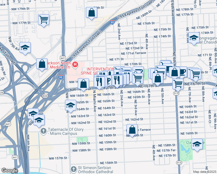 map of restaurants, bars, coffee shops, grocery stores, and more near 120 Northeast 167th Street in Miami
