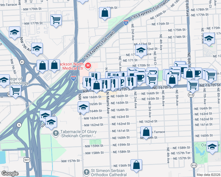 map of restaurants, bars, coffee shops, grocery stores, and more near in Biscayne Gardens