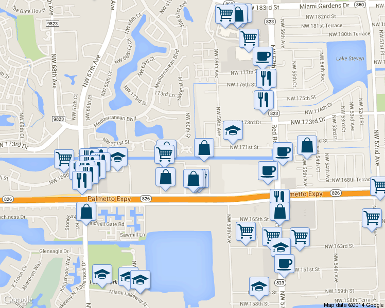 map of restaurants, bars, coffee shops, grocery stores, and more near 6187 Northwest 167th Street in Miami Lakes
