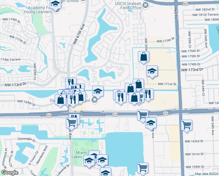 map of restaurants, bars, coffee shops, grocery stores, and more near 6268 Northwest 170th Terrace in Hialeah