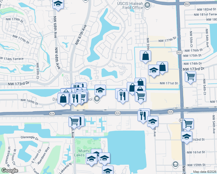 map of restaurants, bars, coffee shops, grocery stores, and more near 6268 Northwest 170th Terrace in Hialeah