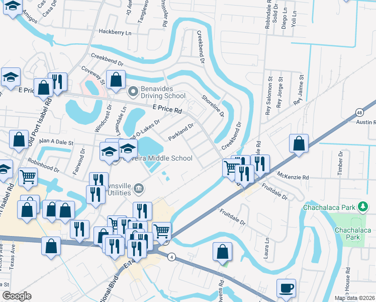 map of restaurants, bars, coffee shops, grocery stores, and more near 127 Shoreline Drive in Brownsville