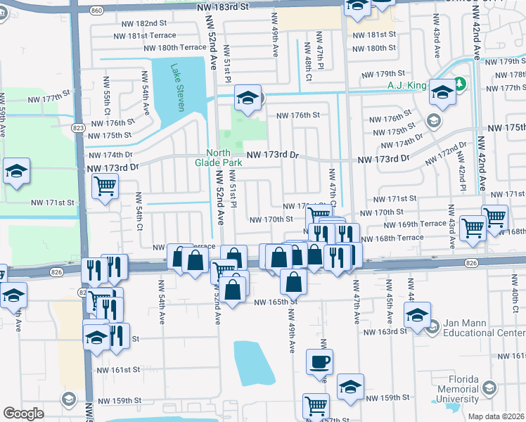 map of restaurants, bars, coffee shops, grocery stores, and more near 5010 Northwest 170th Street in Miami Gardens
