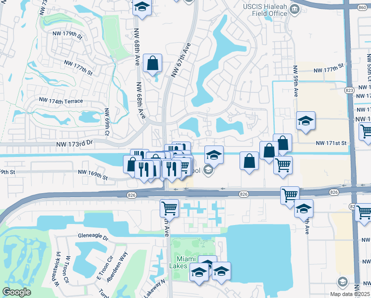 map of restaurants, bars, coffee shops, grocery stores, and more near 17037 Northwest 66th Court in Hialeah
