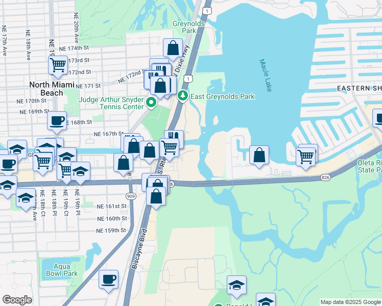 map of restaurants, bars, coffee shops, grocery stores, and more near 16385 Biscayne Boulevard in North Miami Beach