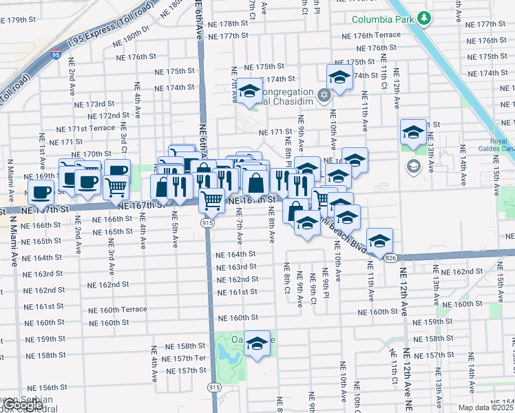 map of restaurants, bars, coffee shops, grocery stores, and more near 749 Northeast 167th Street in North Miami Beach