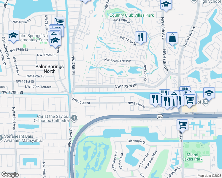 map of restaurants, bars, coffee shops, grocery stores, and more near 17260 Northwest 73rd Avenue in Hialeah