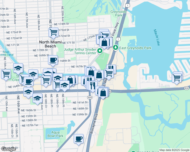 map of restaurants, bars, coffee shops, grocery stores, and more near 16650 West Dixie Highway in North Miami Beach