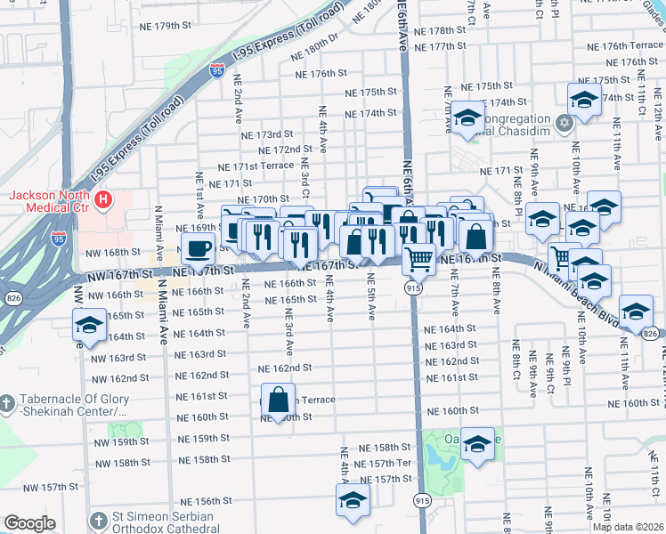 map of restaurants, bars, coffee shops, grocery stores, and more near 16756 Northeast 4th Court in North Miami Beach